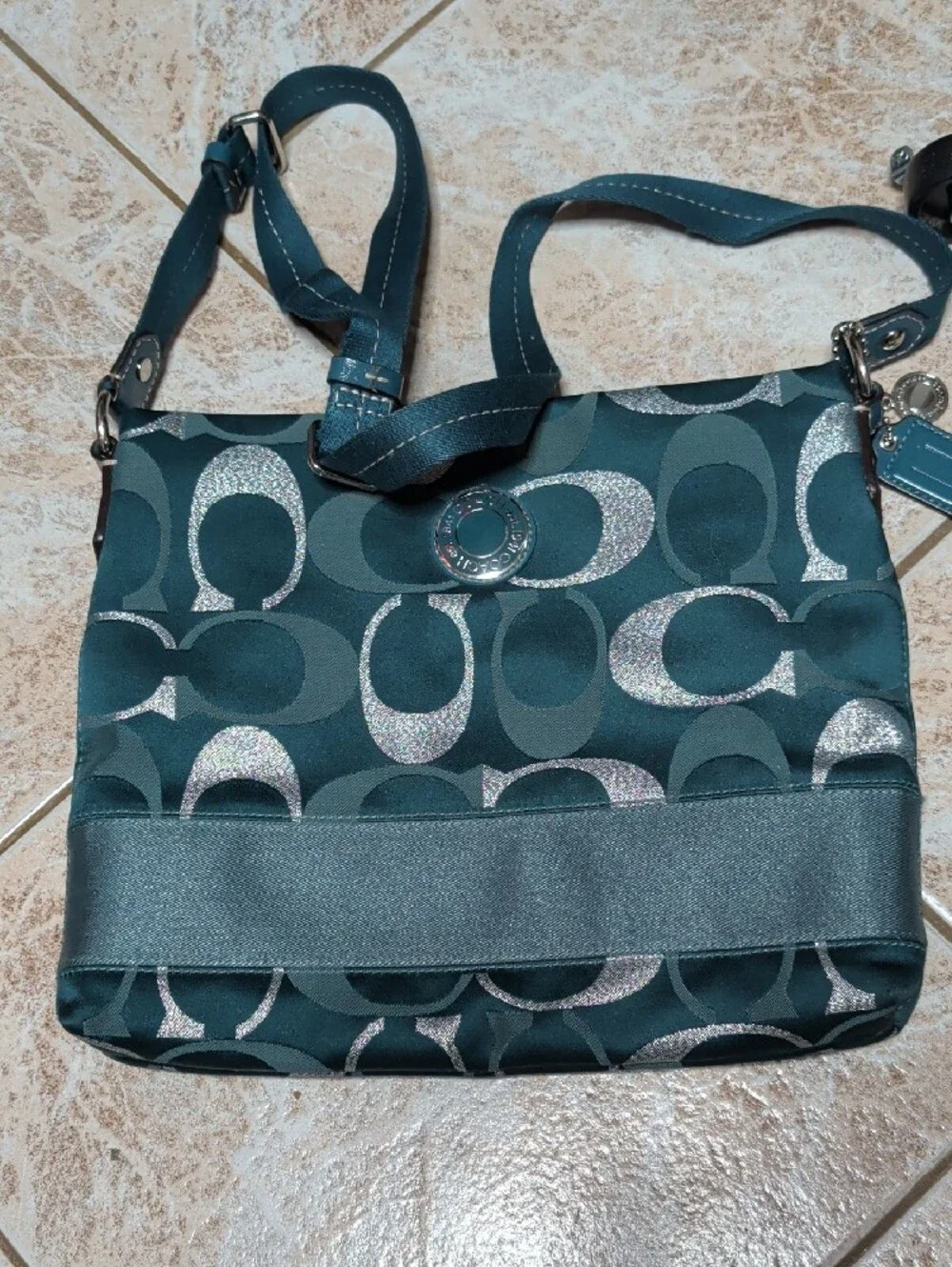 Coach Teal & Silver Signature Crossbody Bag